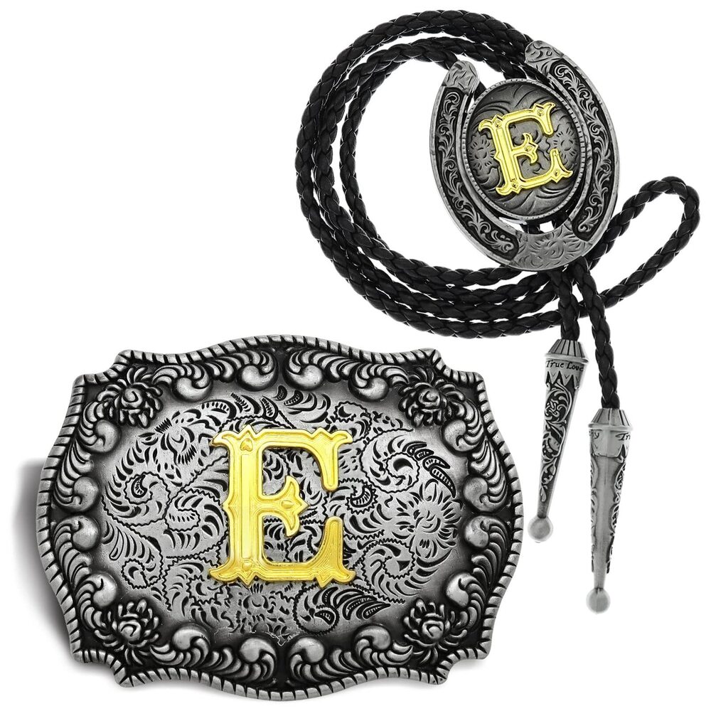 1388 2 Pieces Western Cowboy Belt Buckle Bolo Tie Set Golden Initial Letter